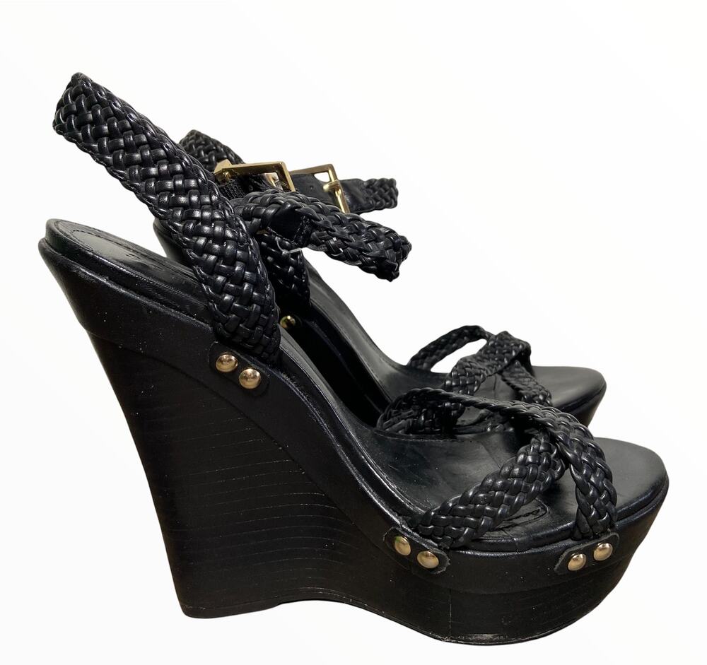 Schutz Wedges Platform Leather Braided Criss Cross Ankle Strap Black 7.5